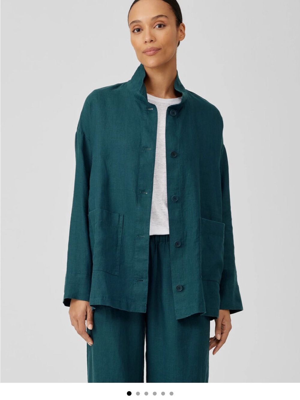 EILEEN FISHER STAND COLLAR LONG JACKET ORGANIC LINEN UNDYED NATURAL SZ L ~NWT